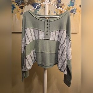 POL Elemental My Dear Sage Waffle Knit Henley with Lace Paneling β Boxy Fit